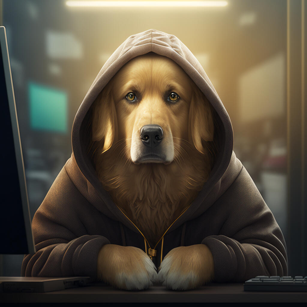 large, happy, anthropomorphic humanoid golden retriever customer support agent, sitting in front of a computer, wearing a hoodie, symmetrical face, background of an office, character concept, very detailed, 8k resolution, photorealism