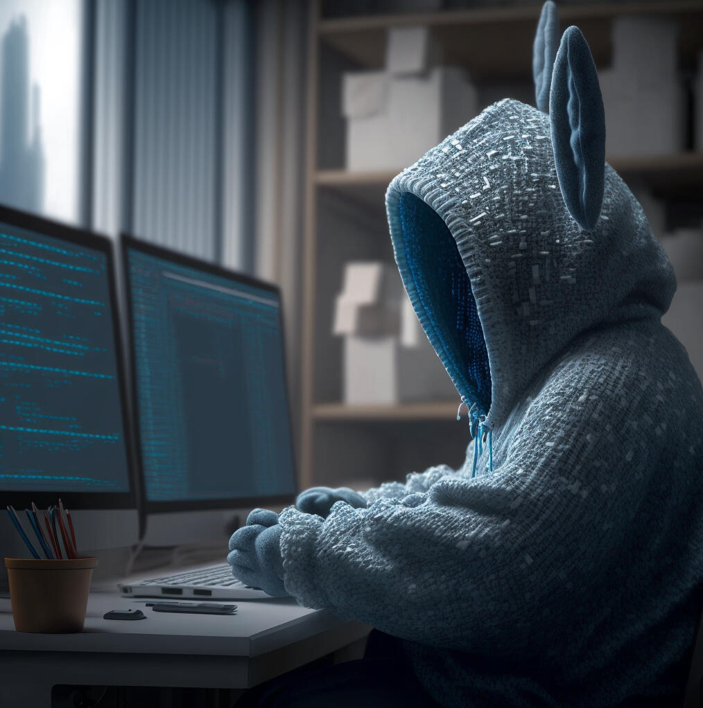 large, anthropomorphic humanoid rabbit, sitting in front of a computer, wearing a hoodie, symmetrical face, background of an office, character concept, very detailed, 8k resolution, photorealism