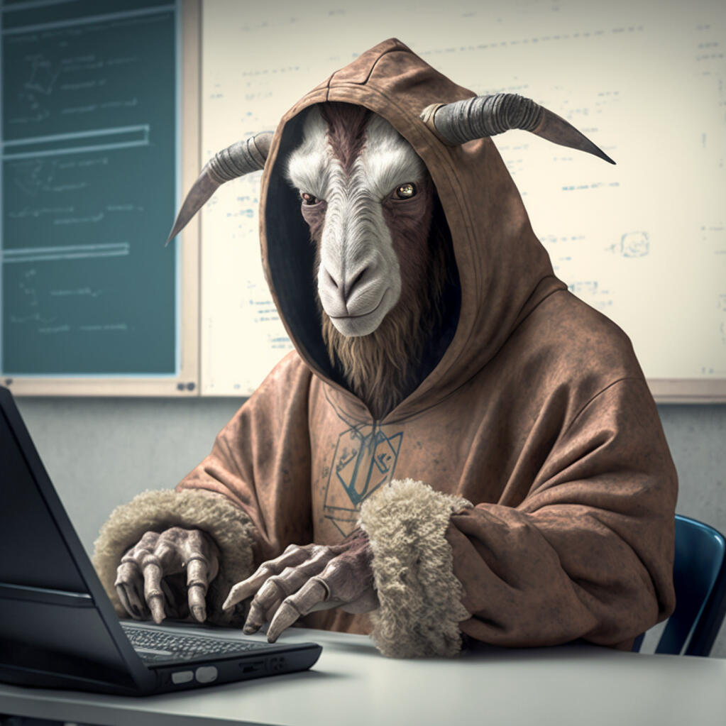 large, friendly, anthropomorphic humanoid goat salesperson, sitting in front of a computer, wearing a hoodie, symmetrical face, whiteboard with graphs in background, character concept, very detailed, 8k resolution, photorealism